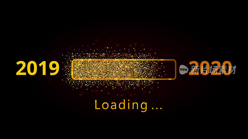 New year 2020 loading progress bar with golden confetti isolated on black background. Holiday banner, poster, greeting card or invitation template. Copy space.